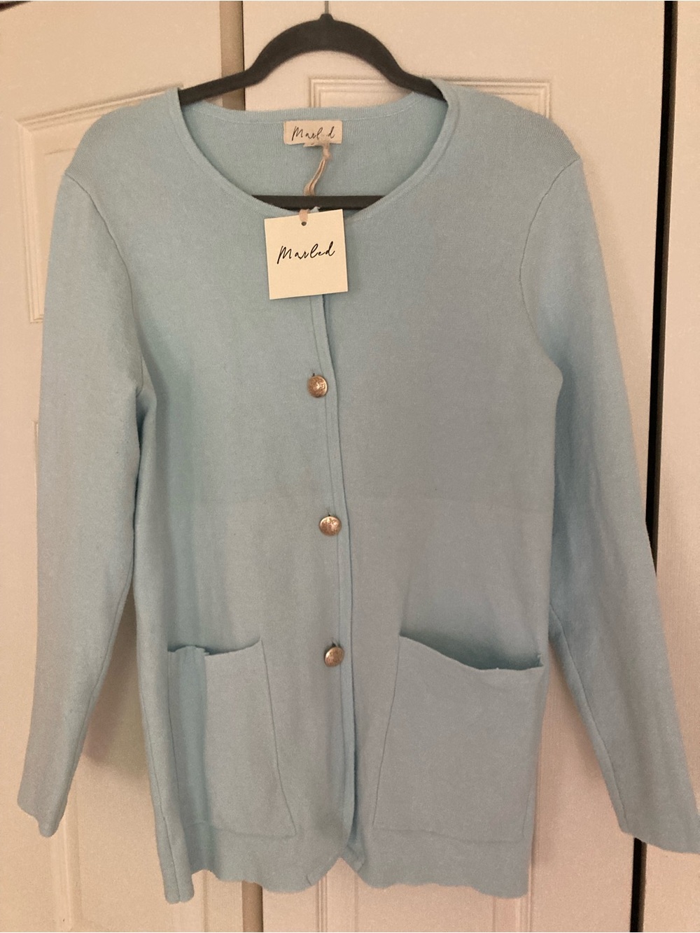 Marled Pale Blue Crewneck Button Front Cardigan